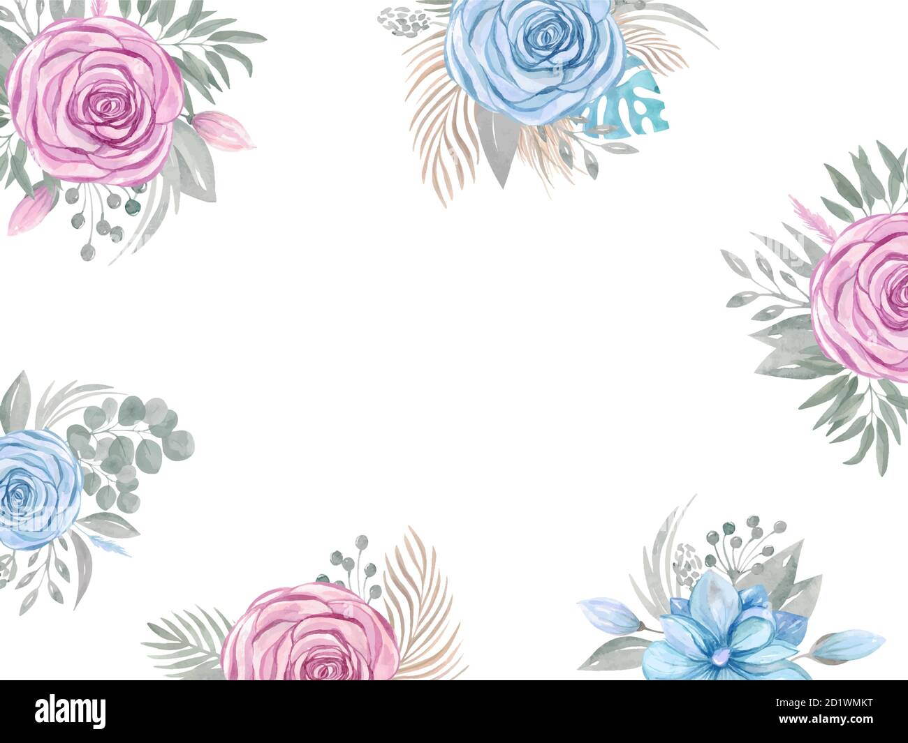 Cornice floreale decorativa sfondo. Fiori di rosa verde su uno sfondo bianco spazio copia Illustrazione Vettoriale