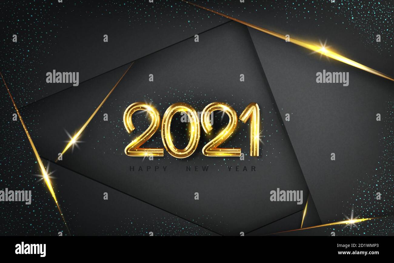 Holiday Vector sfondo con Golden Metallic Numbers 2021. Felice anno nuovo 2021 . Illustrazione 3d realistica. Banner o poster dal design moderno o holida Illustrazione Vettoriale