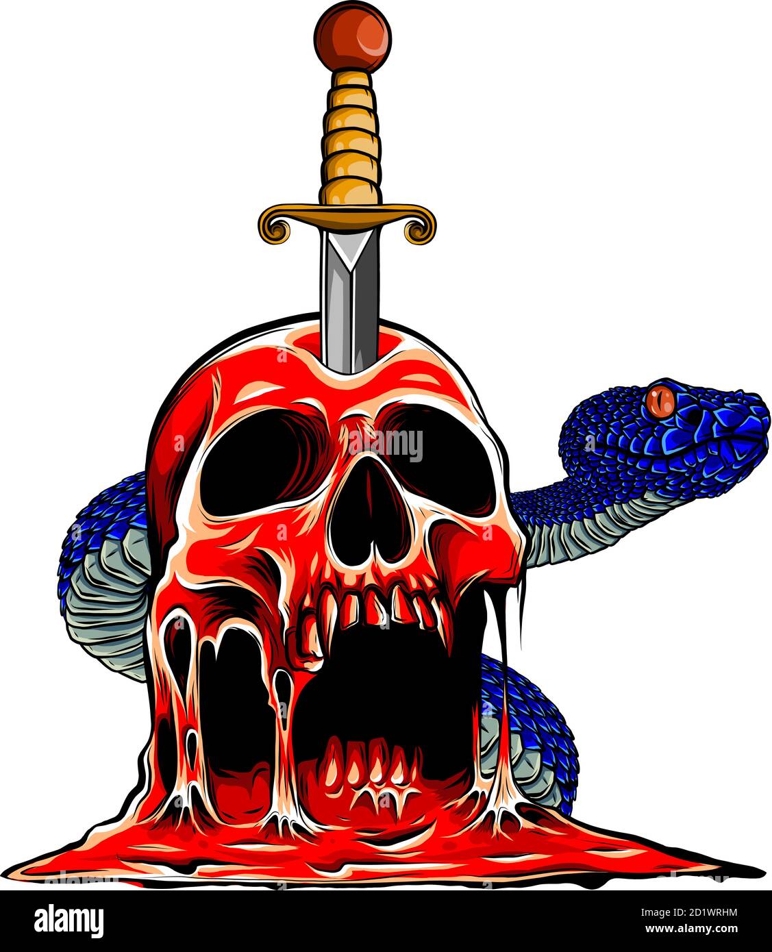 Un coltello attraverso un teschio. Cranio semplice affrontare serie. Cranio monolinea tattoo vettore di design Illustrazione Vettoriale