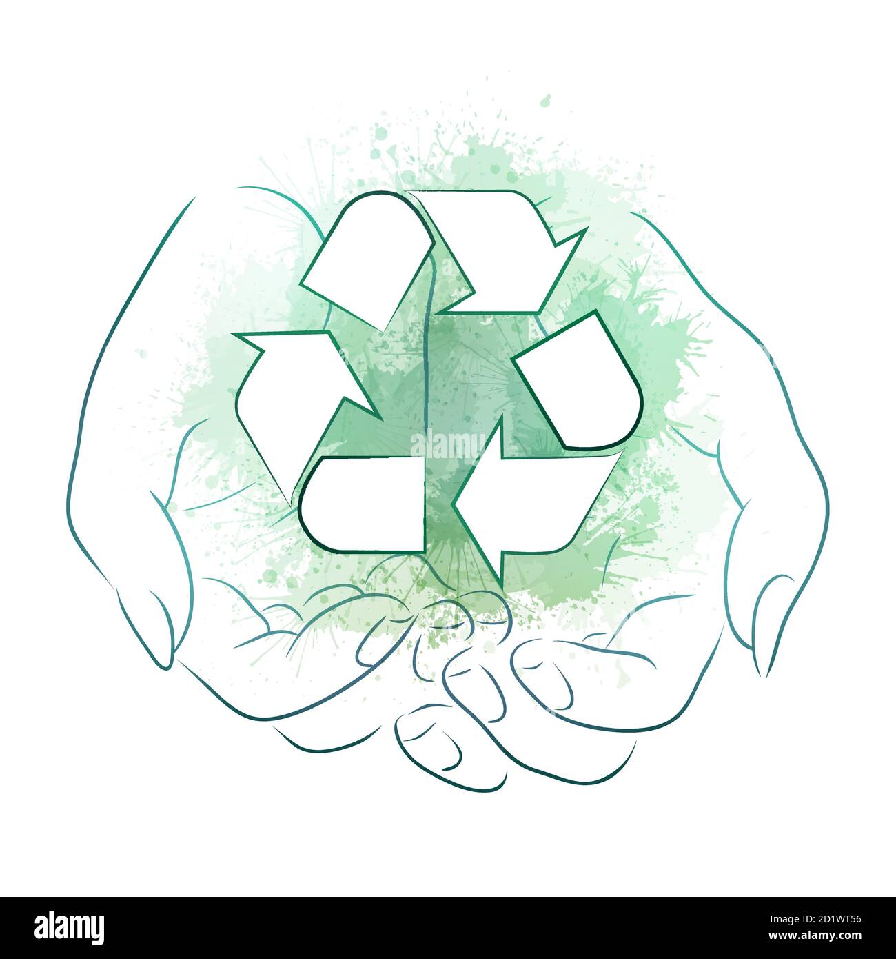 Disegno di contorno delle mani che tengono un segno di riciclaggio con spruzzi di acquerello verde. Riciclaggio e zero rifiuti. Elemento vettoriale ecologico per logo, ic Illustrazione Vettoriale