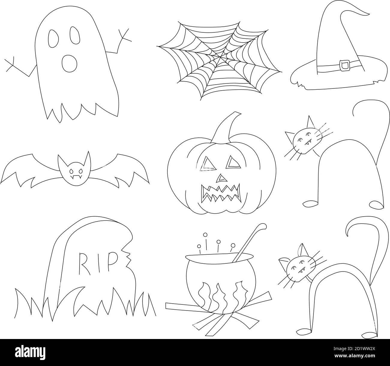 Halloween contornato insieme di nove icone Illustrazione Vettoriale