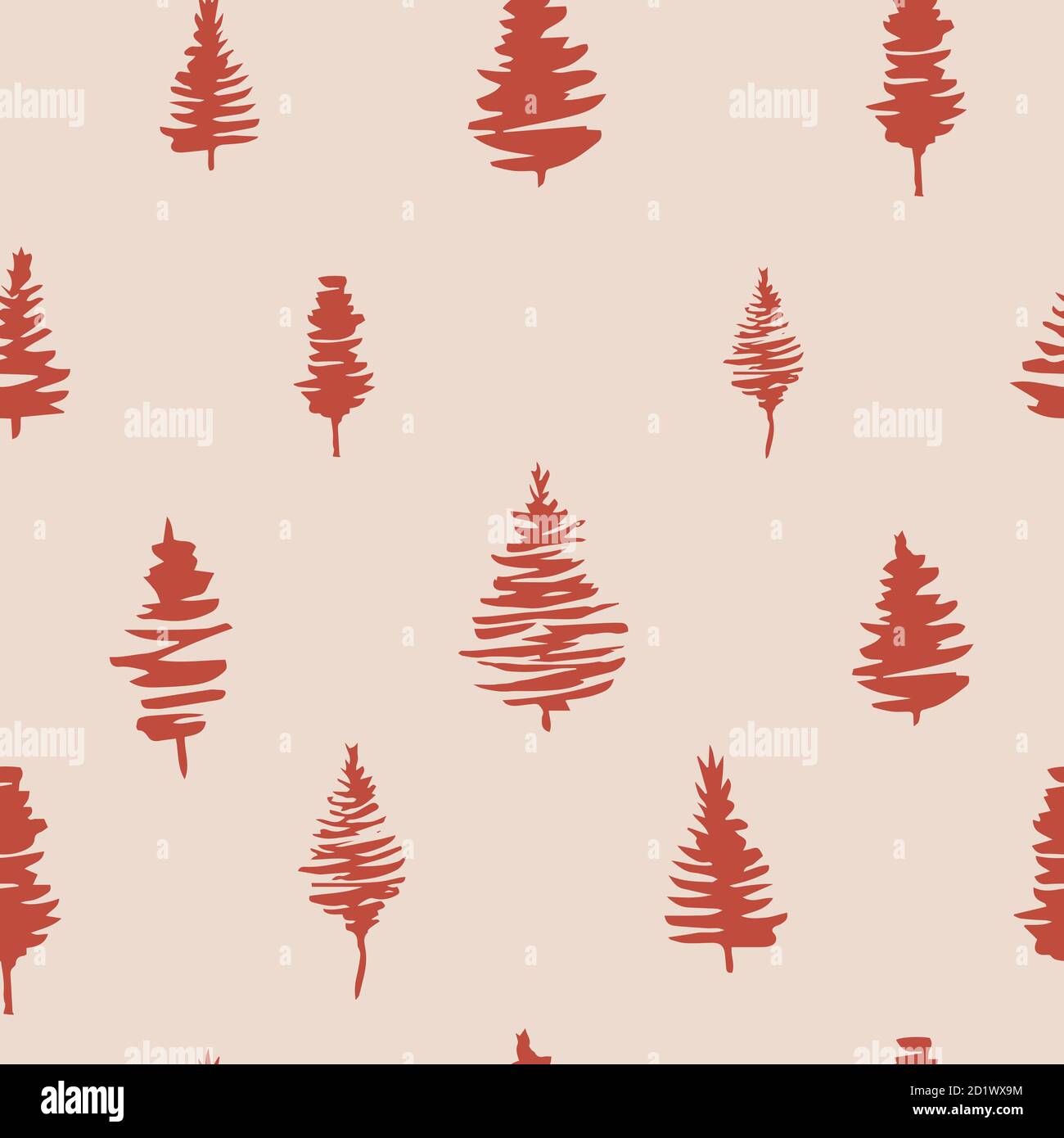 Alberi di Natale rossi modelli senza giunture. Verde foresta con alberi di pino, vettore disegnato a mano illustrazione infinita per il tessuto e sublimazione disegno di stampa Illustrazione Vettoriale