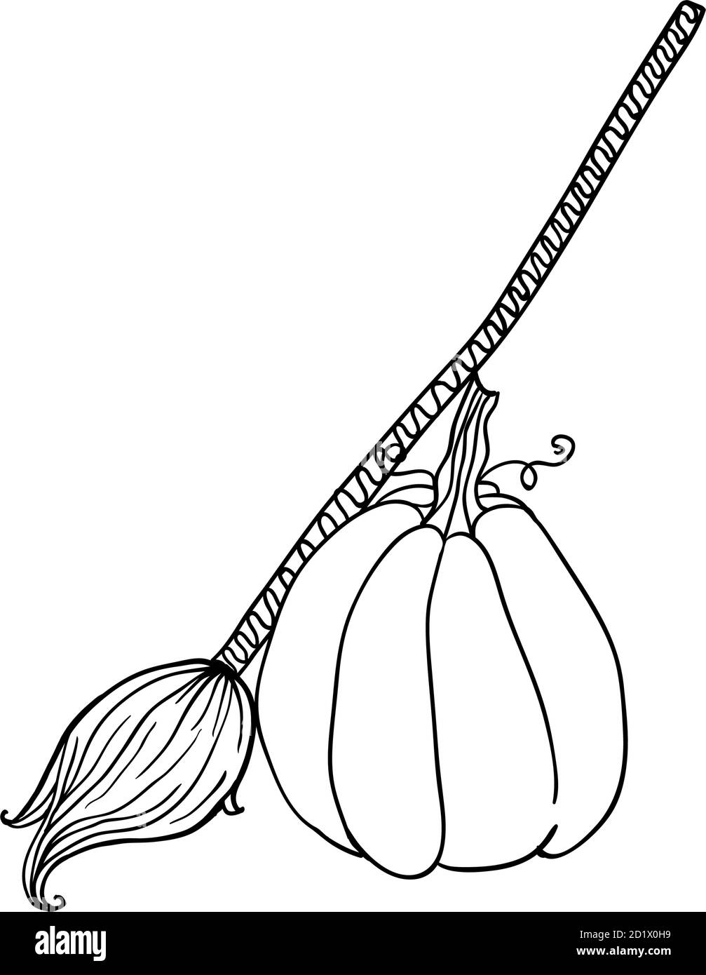 Scopa e zucca Halloween doodles. Illustrazione vettoriale isolata in stile di disegno a contorno o contorno per colorare il disegno di pagine di libro. Illustrazione Vettoriale