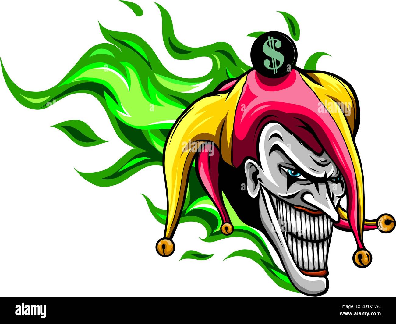 Crazy Creepy Joker faccia. Arrabbiato clown con il sorriso malvagio sul viso. IO Illustrazione Vettoriale