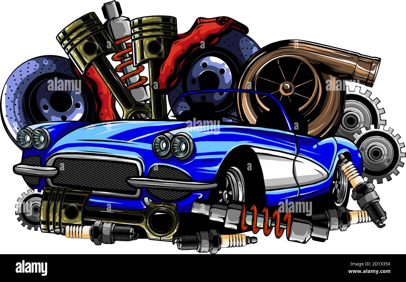Sistema auto. Pezzi di ricambio. Auto realistica. Illustrazione vettoriale Illustrazione Vettoriale