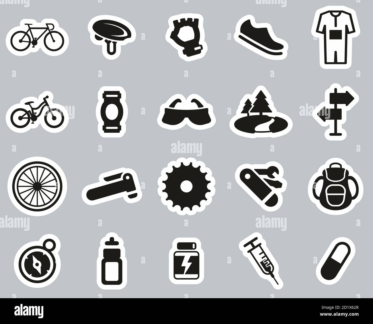 Icone di attrezzatura per bicicletta e bicicletta Set di adesivi Bianco Nero Big Illustrazione Vettoriale