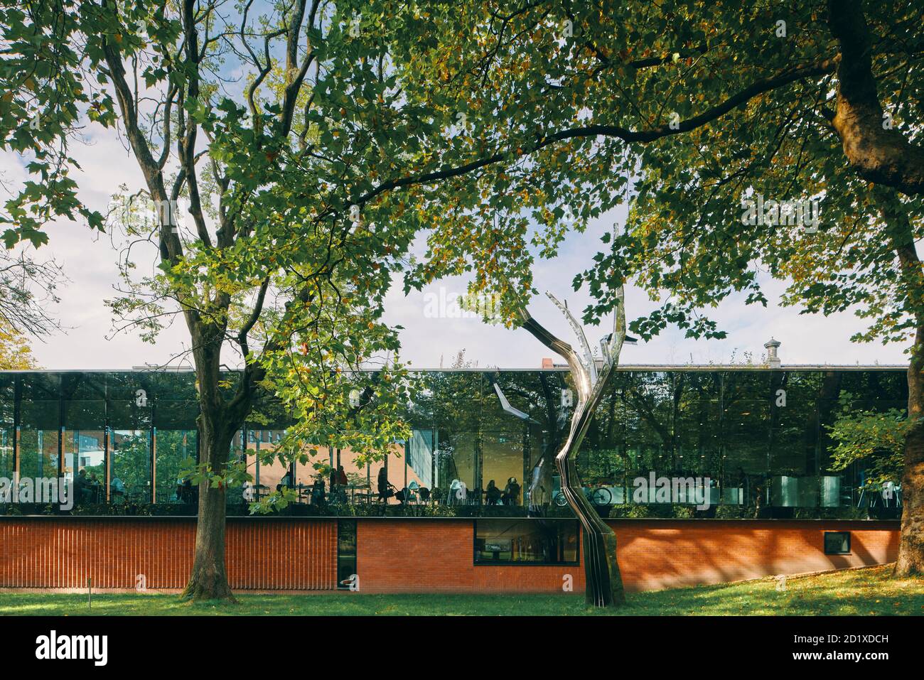 Il Whitworth Café, conosciuto anche come The Cafe in the Trees, fa parte dell'estensione in vetro e mattoni della Whitworth Gallery di Manchester, Inghilterra, Regno Unito. Completato nel 2015. Foto Stock