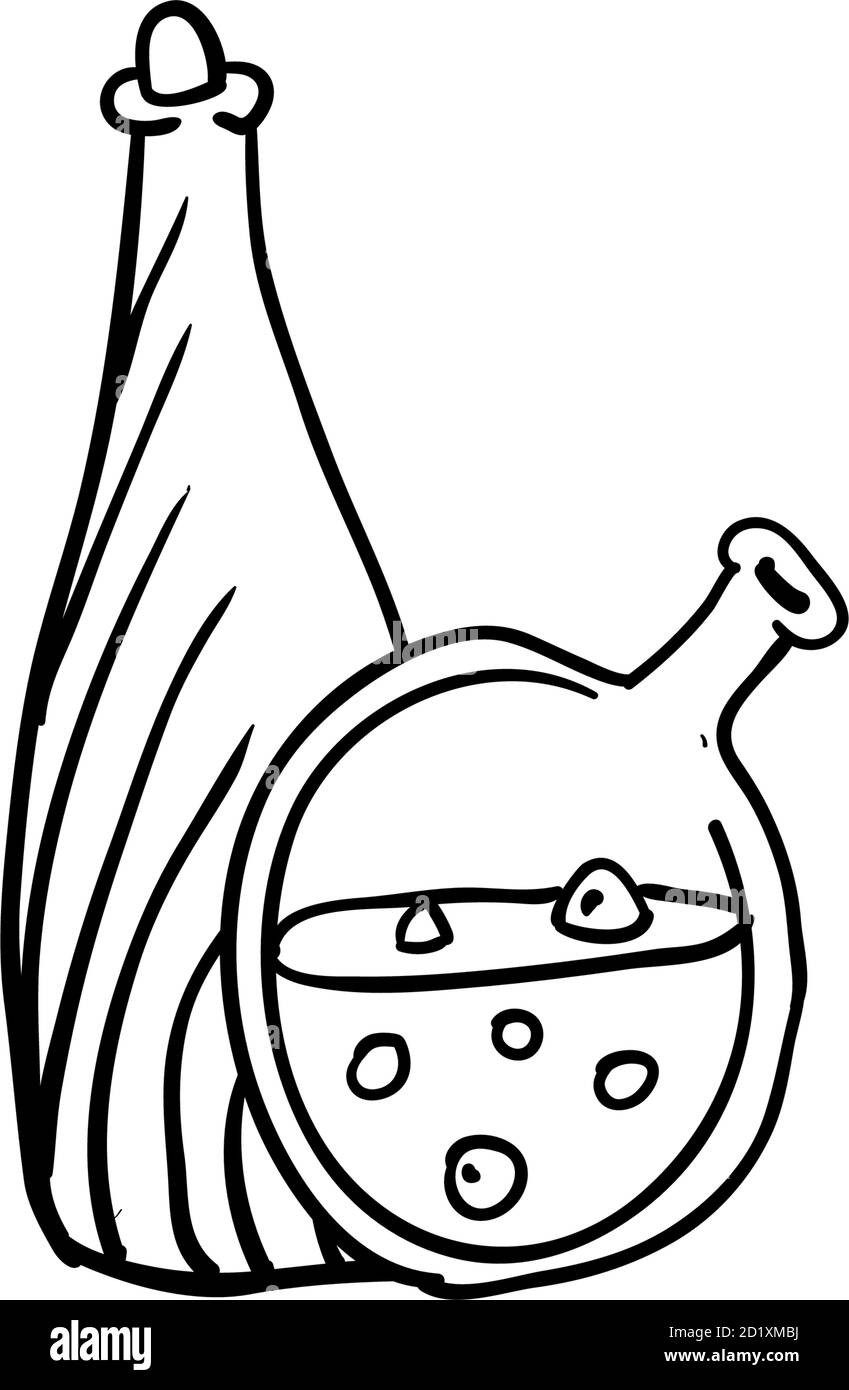 Halloween veleno bottiglie doodles. Illustrazione vettoriale isolata in stile di disegno a contorno o contorno per colorare il disegno di pagine di libro. Illustrazione Vettoriale