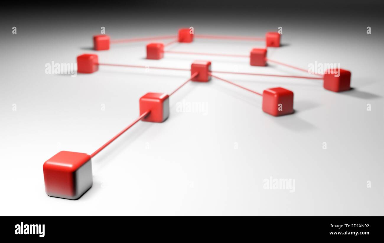 Connessioni o rete, puntini rossi o cubi collegati con linee, illustrazione concettuale astratta, rendering 3D, background scientifico della tecnologia aziendale Foto Stock