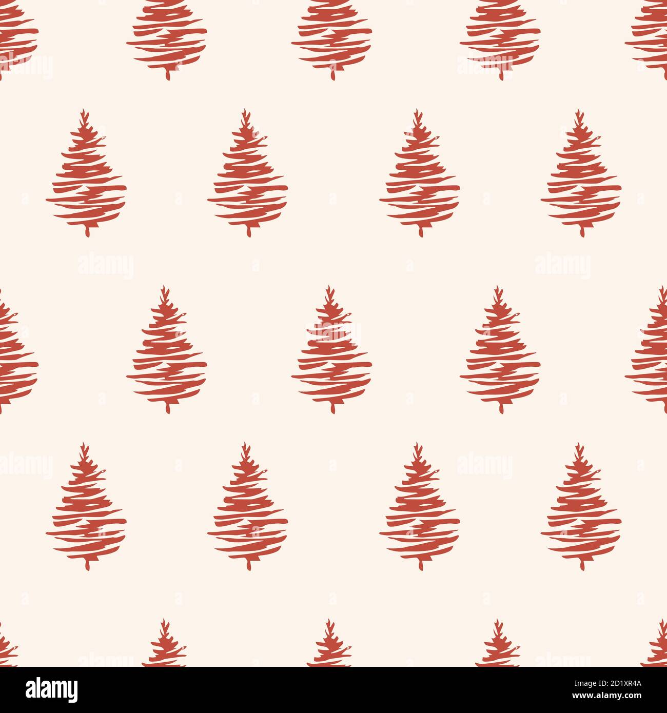 Alberi di Natale rossi modelli senza giunture. Verde foresta con alberi di pino, vettore disegnato a mano illustrazione infinita per il tessuto e sublimazione disegno di stampa Illustrazione Vettoriale