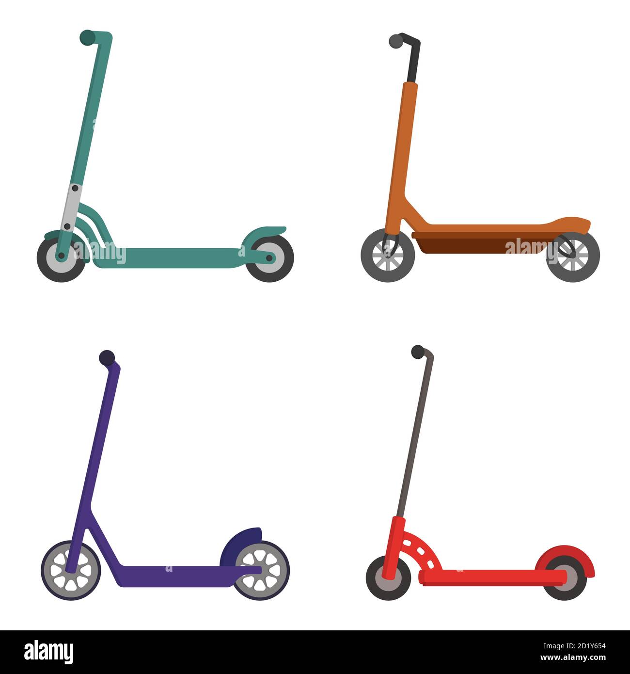 Set di diversi scooter da calcio. Trasporti urbani alternativi in stile cartoon. Illustrazione Vettoriale