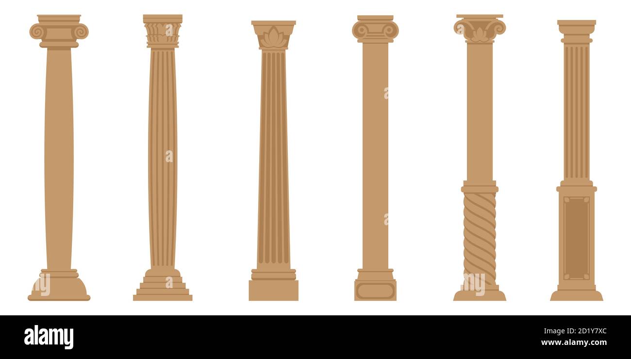 Serie vettoriale di colonne antiche. Oggetti in stile piatto isolati su sfondo bianco. Illustrazione Vettoriale