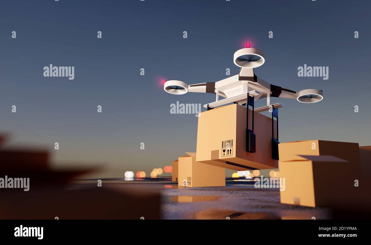 Un drone di consegna con pacchi pronti a decollo. Illustrazione 3D di Future Logistics Foto Stock