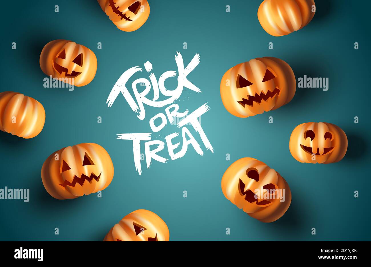 Una raccolta di paurosi Jack o Lantern zucca volti con trucco o trattare il testo. Illustrazione vettoriale realistica. Illustrazione Vettoriale
