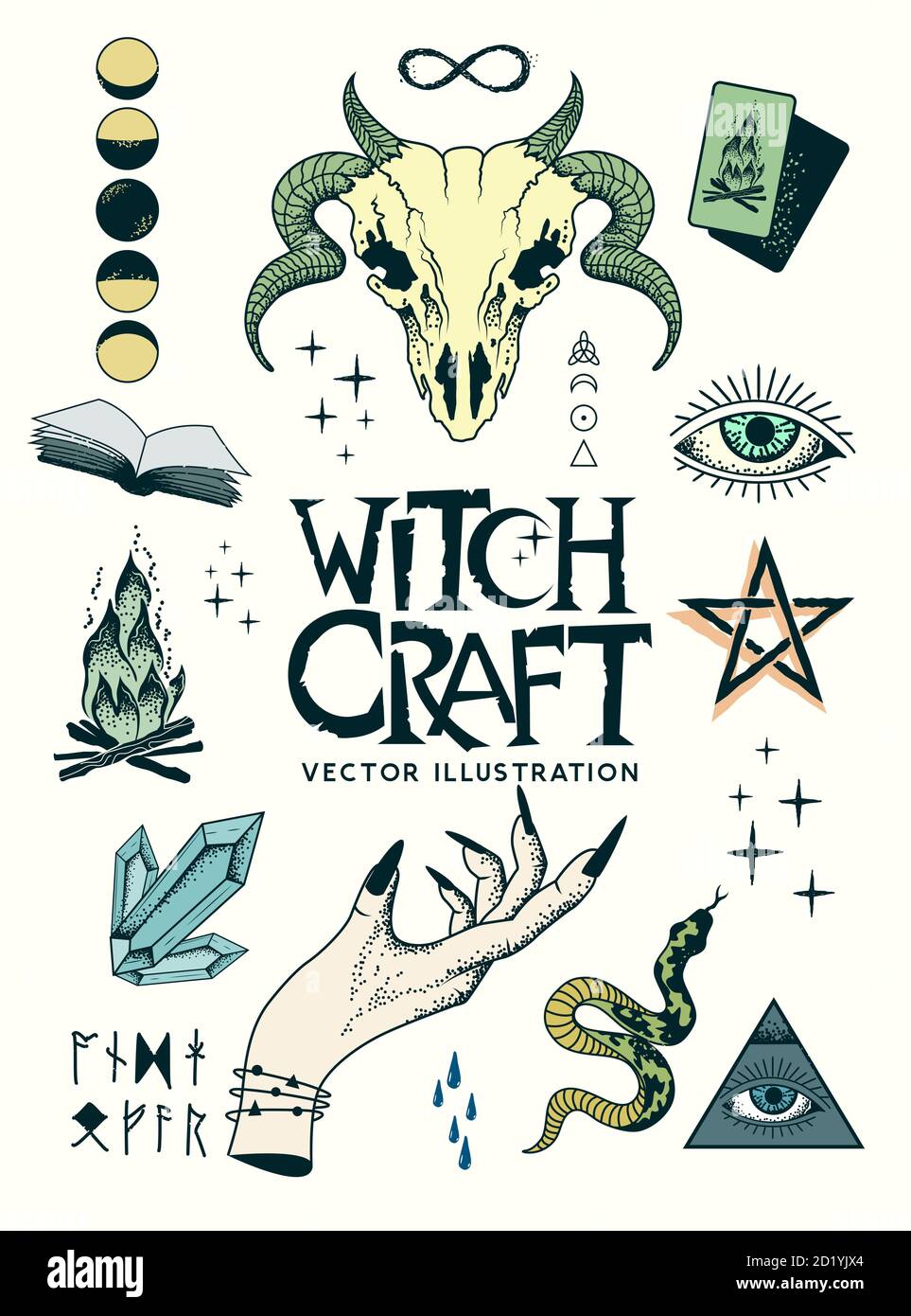 Segni e simboli di stregoneria occulti con fascino, incantesimi e rune, tra cui cranio di montone, mani di streghe e cristalli. Illustrazione vettoriale. Illustrazione Vettoriale