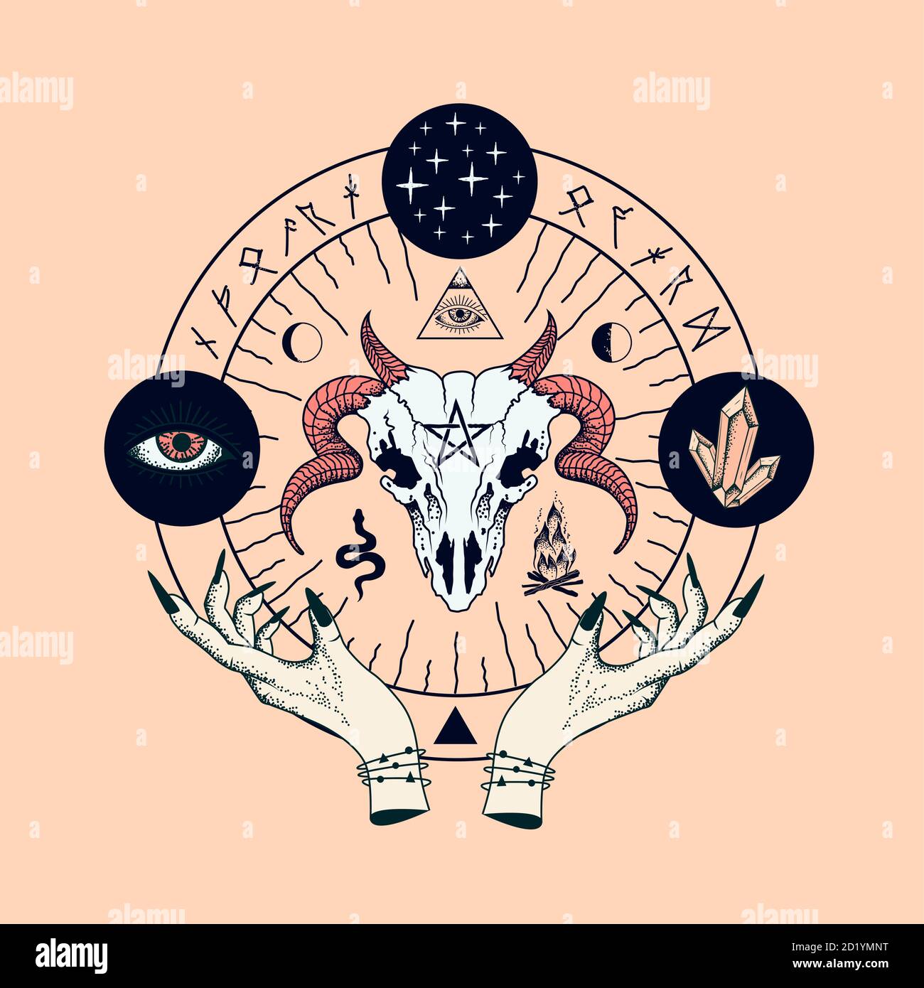 Witchcraft, wicca e pagen layout di progettazione casting fascino e incantesimi. Illustrazione vettoriale. Illustrazione Vettoriale