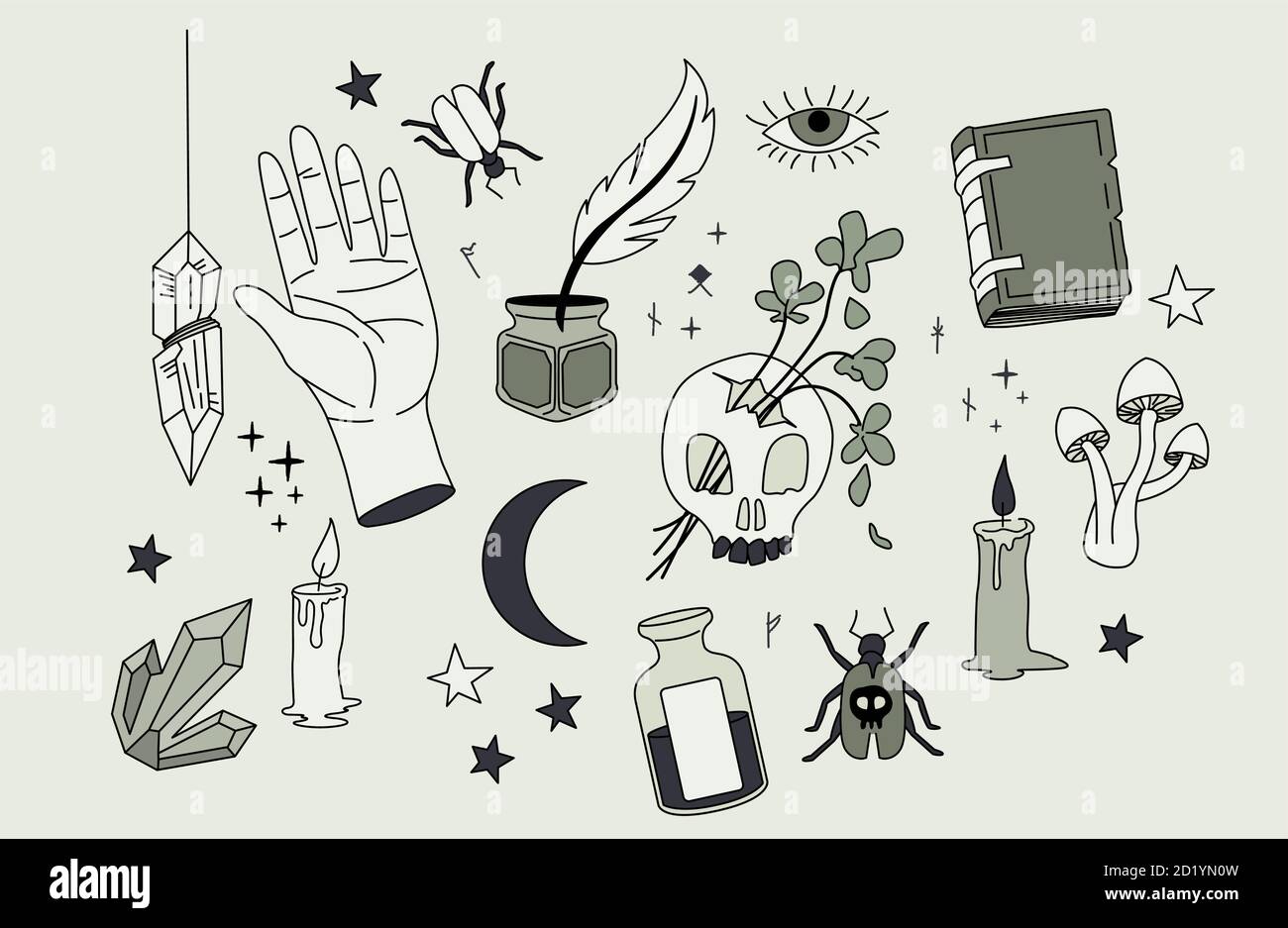 Una collezione di incantesimi magici ed elementi occulti. Illustrazione vettoriale Illustrazione Vettoriale