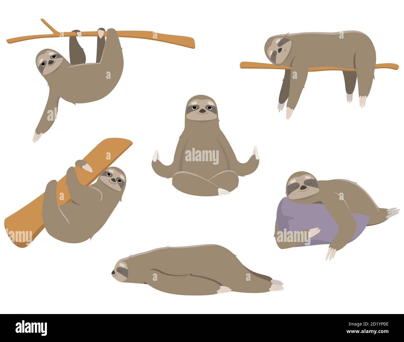 Sloths in posizioni differenti. Animali pigri in stile cartoon. Illustrazione Vettoriale