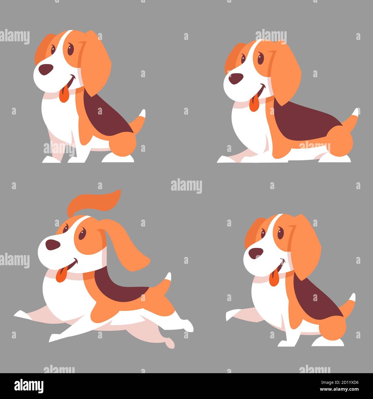 Insieme vettoriale di cani Beagle in diverse posizioni. Animali domestici in stile cartone animato. Illustrazione Vettoriale