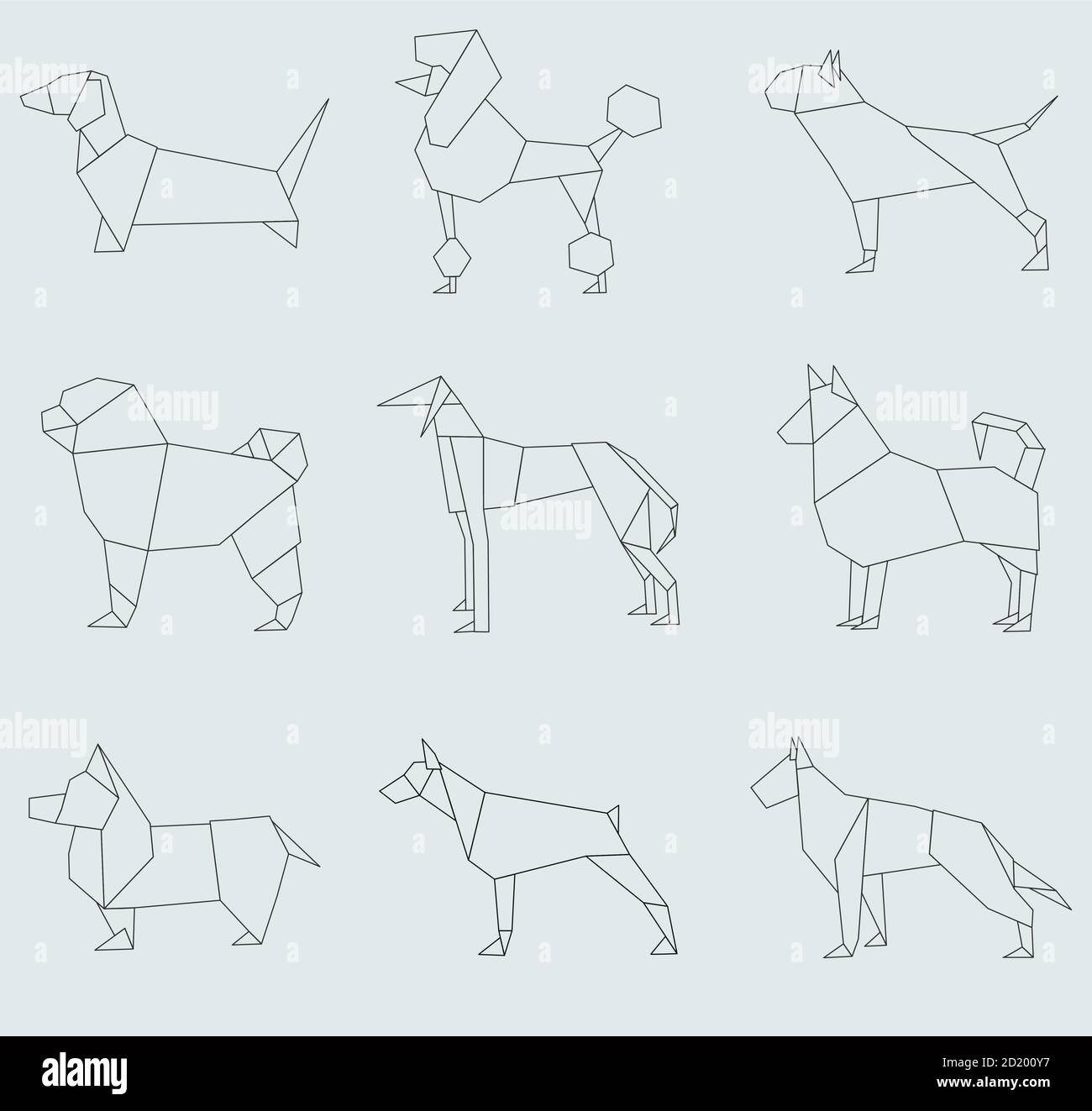cane razze icone in stile origami. Tatoo design Illustrazione Vettoriale