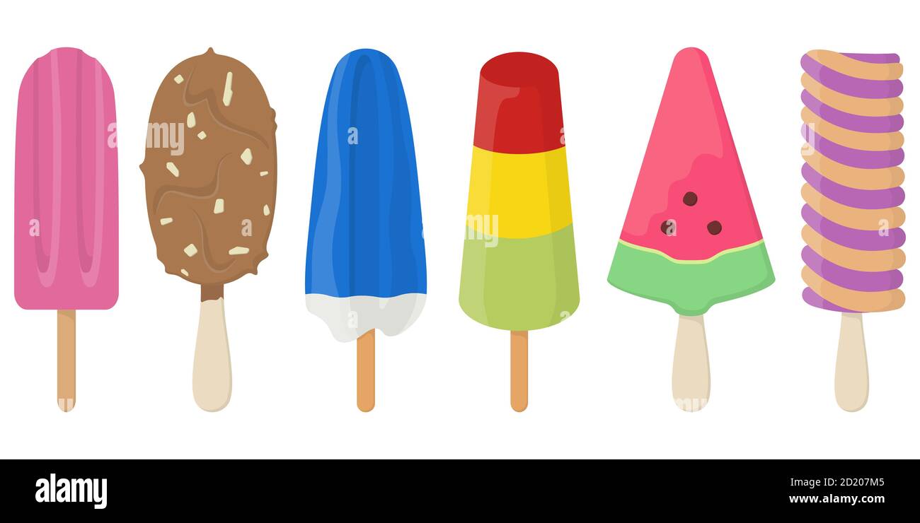 Set di gelati diversi. Dessert estivi in stile cartone animato. Illustrazione Vettoriale