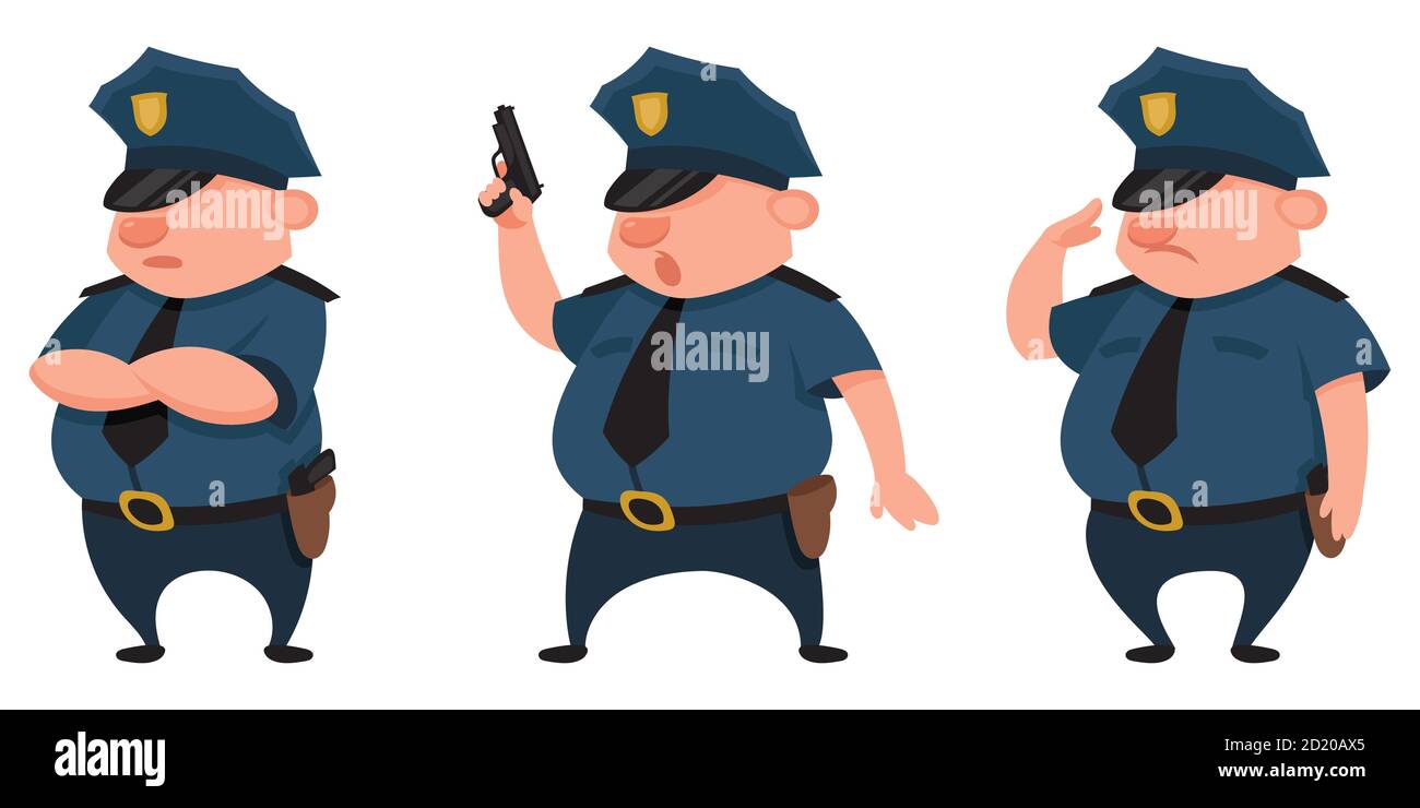 Poliziotto in diverse posizioni. Carattere maschile in stile cartoon. Illustrazione Vettoriale