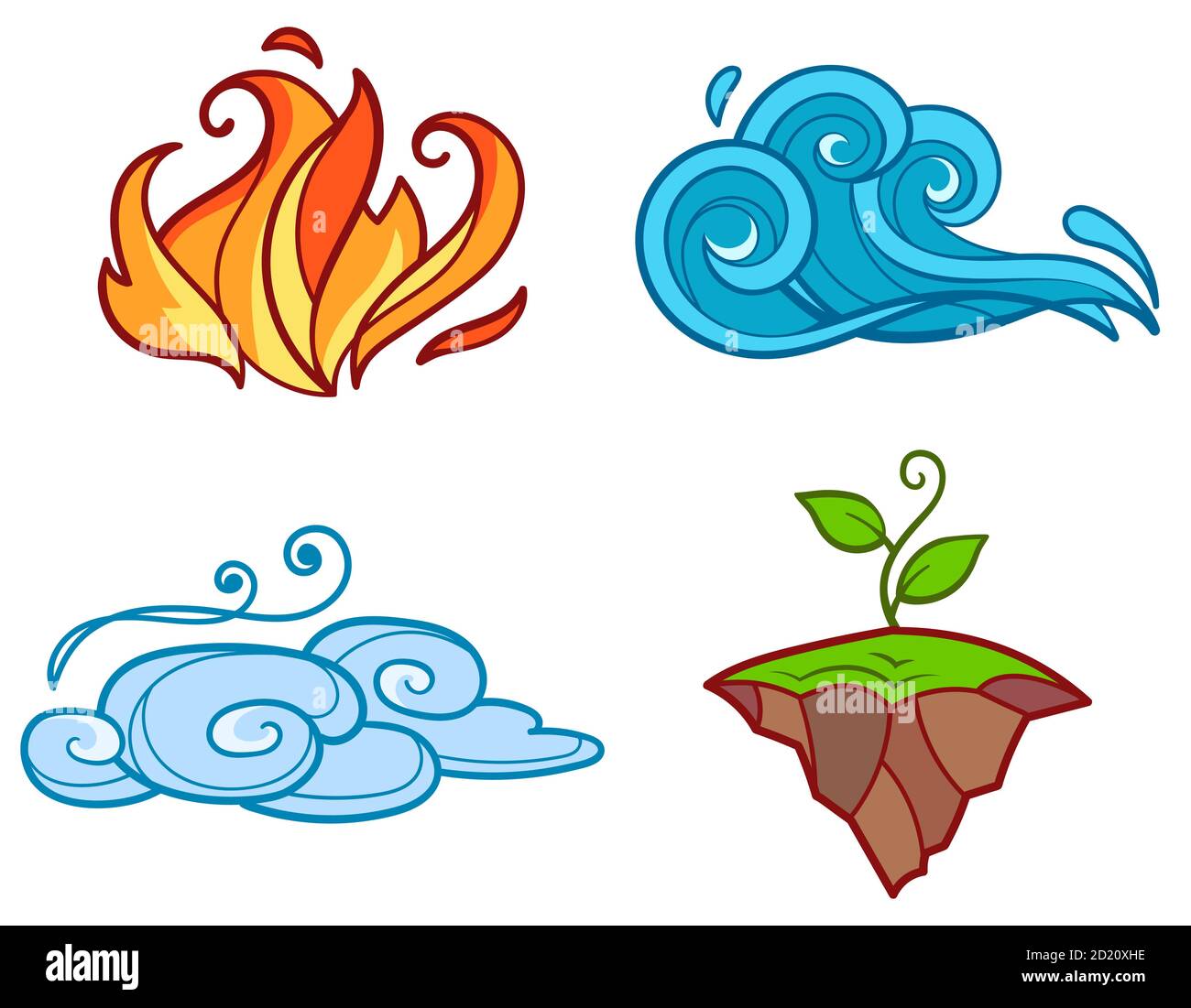 Quattro elementi in stile cartoon. Fuoco, acqua, aria e Terra. Illustrazione Vettoriale