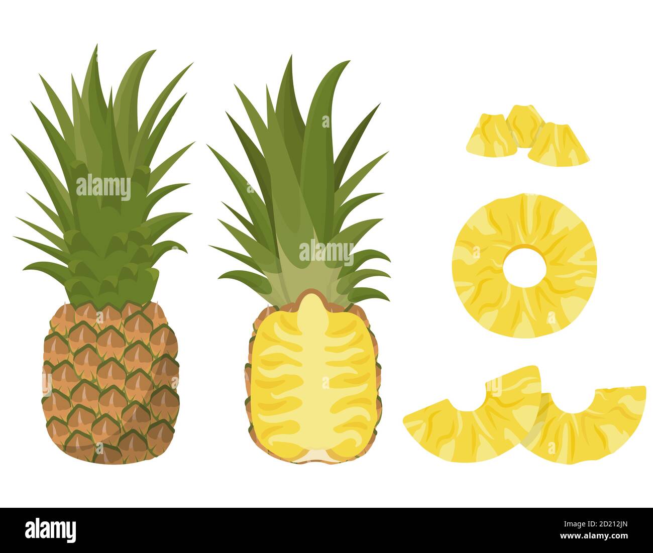 Ananas intero e a fette. Frutta succosa in stile cartone animato. Illustrazione Vettoriale
