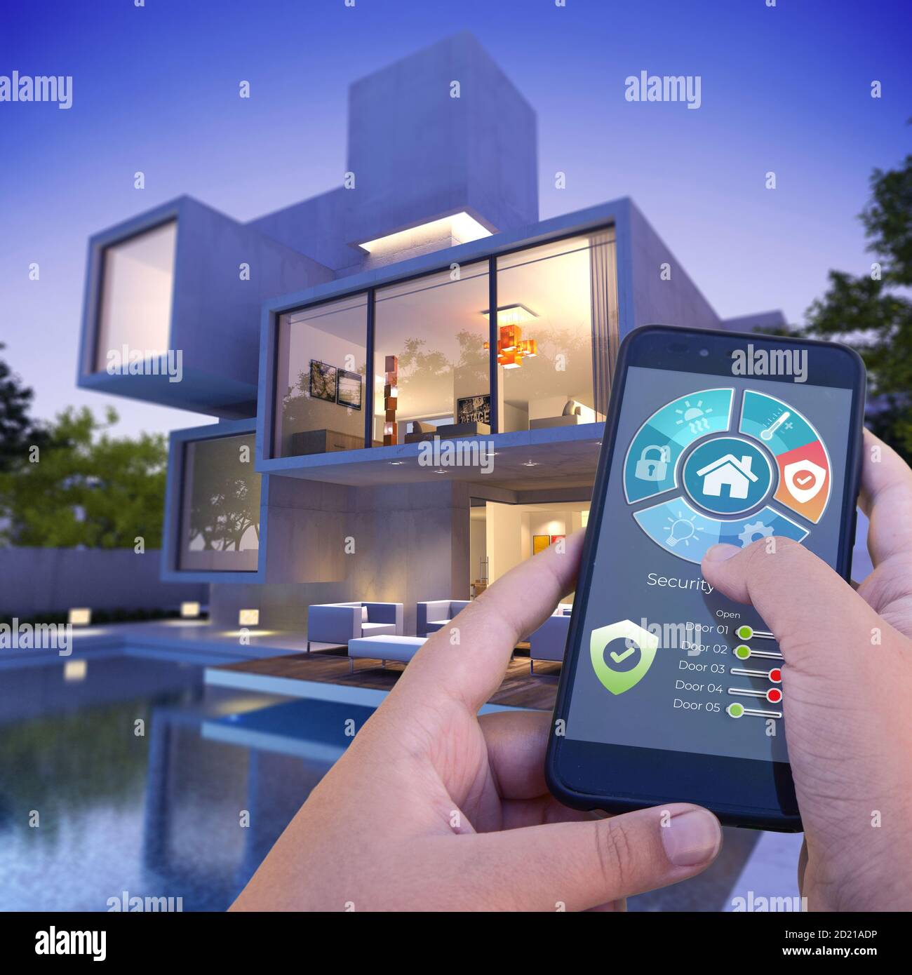 Rendering 3D di una villa moderna con piscina controllata da uno smartphone dall'esterno Foto Stock