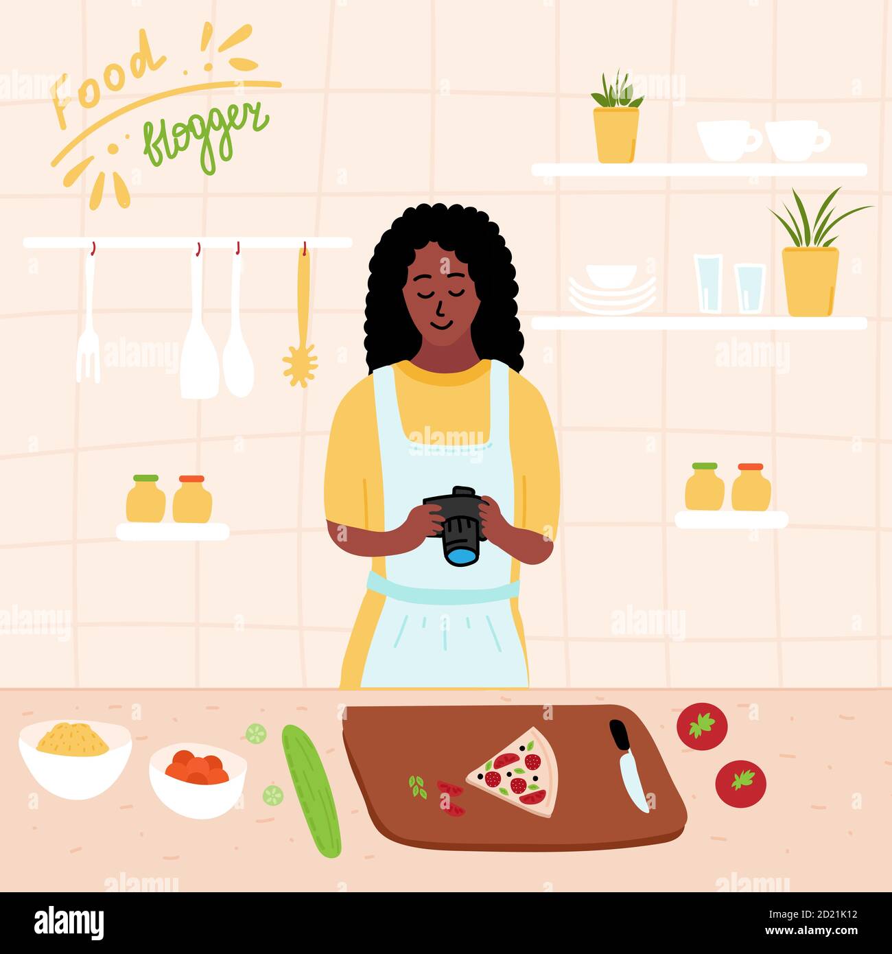 Black african Food blogger fare foto di pizza. Chef femminile che utilizza la fotocamera per blog o canale video. Cucinare cibo sano a casa. Pasti fatti in casa Illustrazione Vettoriale