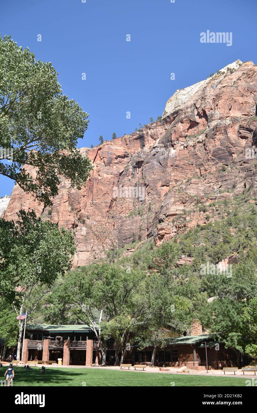 Parco nazionale di Zion, Utah. USA 8/12-15/2020. Il lussureggiante prato verde dello Zion Lodge offre agli ospiti e ai visitatori del Lodge un luogo perfetto per rilassarsi Foto Stock