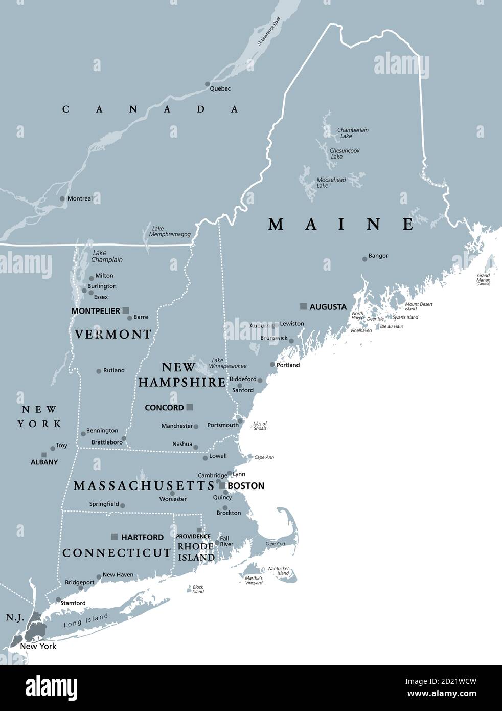 Regione del New England degli Stati Uniti d'America, mappa politica grigia. Maine, Vermont, New Hampshire, Massachusetts, Rhode Island e Connecticut. Foto Stock