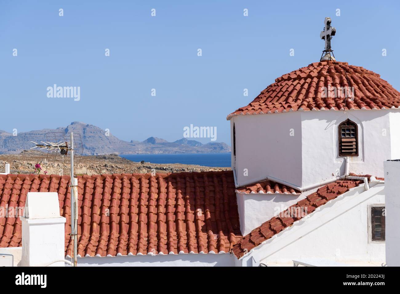 Vecchia chiesa storica a Lindos, Grecia Foto Stock