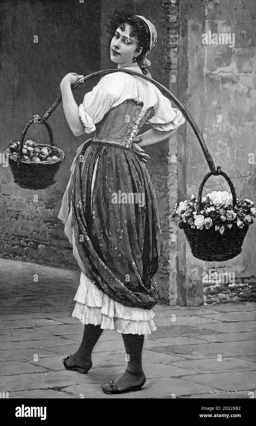 Venditore italiano di fiori e frutta a Napoli / italienische Blumen- und Obstverkäuferin in Neapel, Italien, Historisch, storico, digitale riproduzione migliorata di un originale del 19 ° secolo / digitale Reproduktion einer Originalvollage aus dem 19. Jahrhundert Foto Stock
