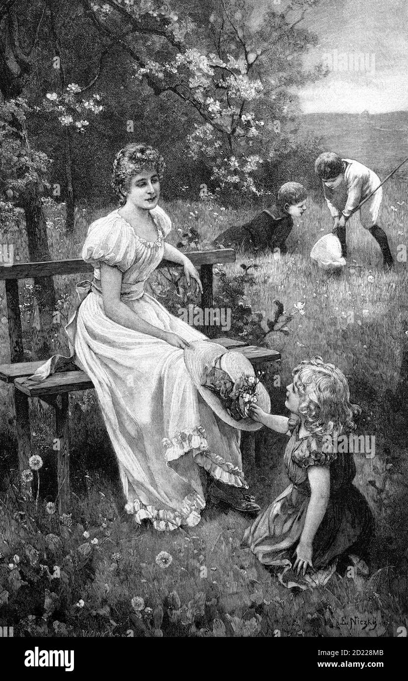 Madre con figlia in primavera all'aria aperta, seduta su una panchina, la ragazza che gioca sul prato. In background due ragazzi per catturare le farfalle tentativo, nel 1860, Germania / Mutter mit Tochter im Frühling in freier Natur, Frau sitzt auf einer Bank, das Mädchen spielt auf der Wiese. Im Hintergrund zwei Jungen die versuchen Schmetterlinge zu fangen, 1860, Deutschland, Historisch, storico, digitale riproduzione migliorata di un originale del 19 ° secolo / digitale Reproduktion einer Originalvollage aus dem 19. Jahrhundert Foto Stock