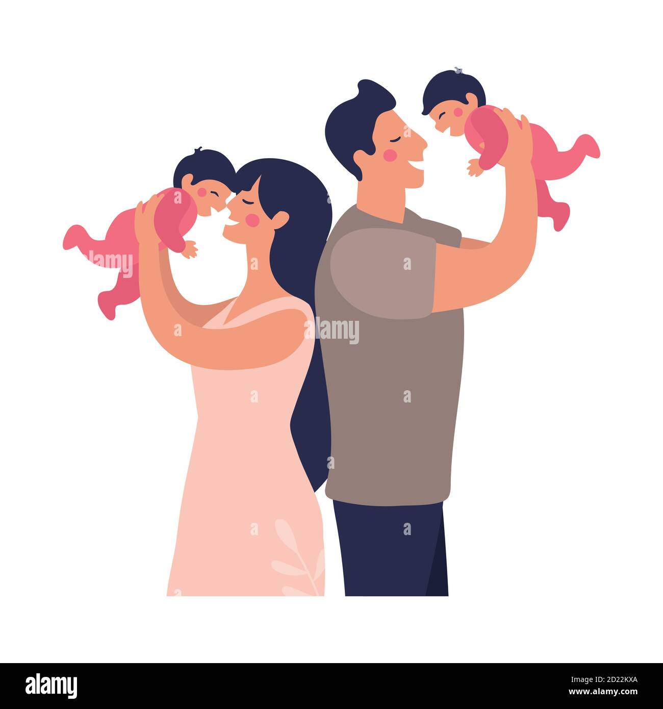 I giovani genitori giocano con i gemelli. Papà felice e mamma tengono i bambini tra le loro braccia. Illustrazione vettoriale piatta in stile cartoon. Illustrazione Vettoriale