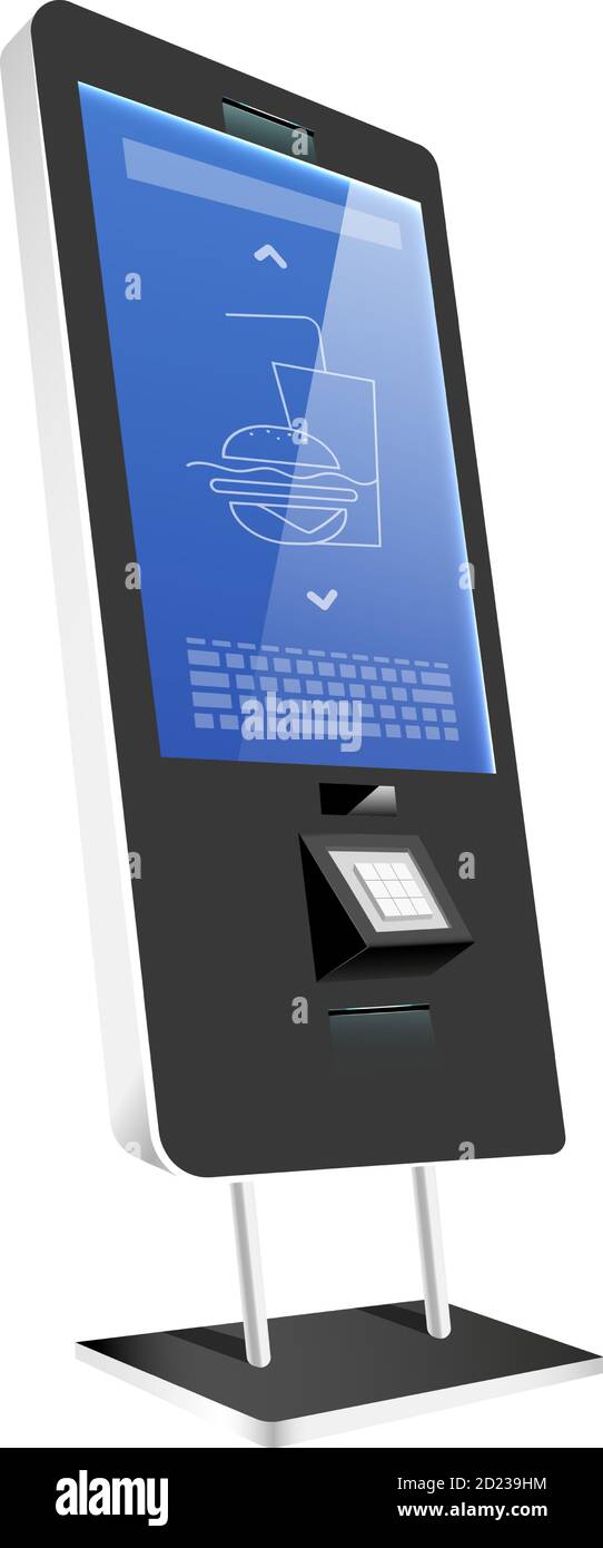 Chiosco di distributori automatici con pannello sensore immagine vettoriale realistica. Innovativo oggetto a colori piatto con contatore self-service. Stand interattivo del ristorante con Illustrazione Vettoriale