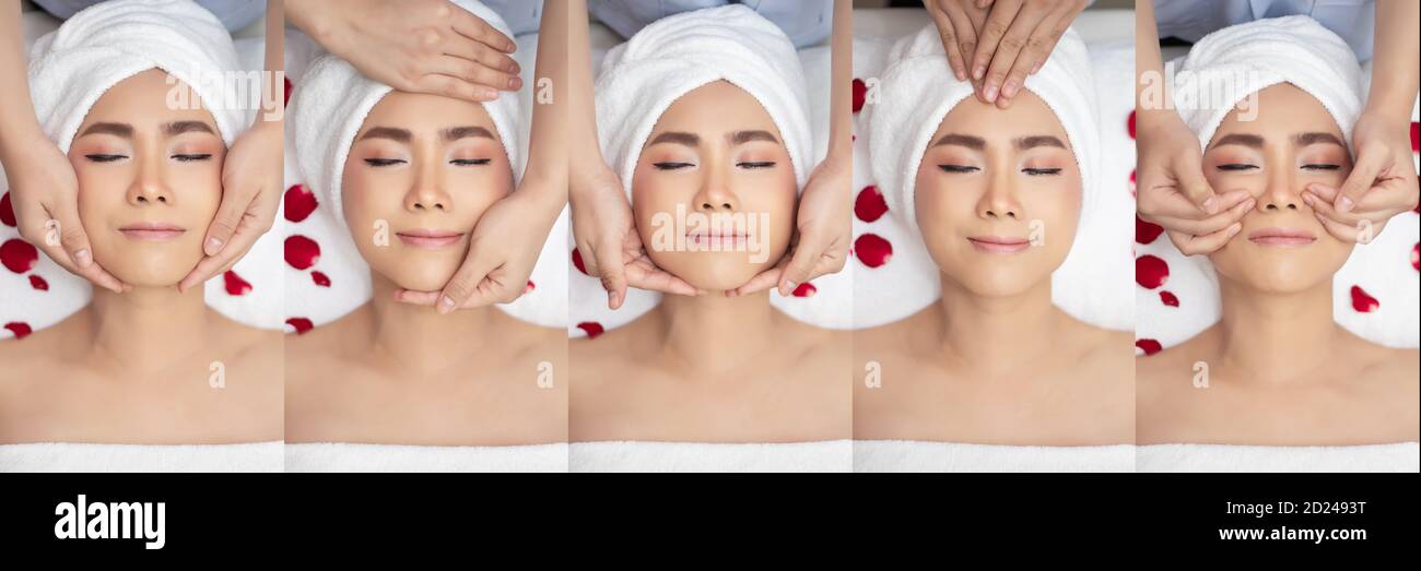 Set di giovani e belle donne asiatiche nel salone termale con massaggi. Terapia orientale tradizionale e massaggio facciale, trattamenti per la pelle per il relax Foto Stock