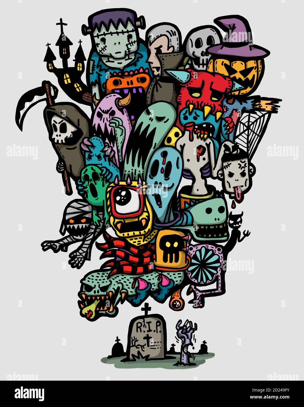 Illustrazione doodle per tema spettrale di Halloween, numerosi spiriti di fantasmi galleggiano sopra la lapide al cimitero. Foto Stock