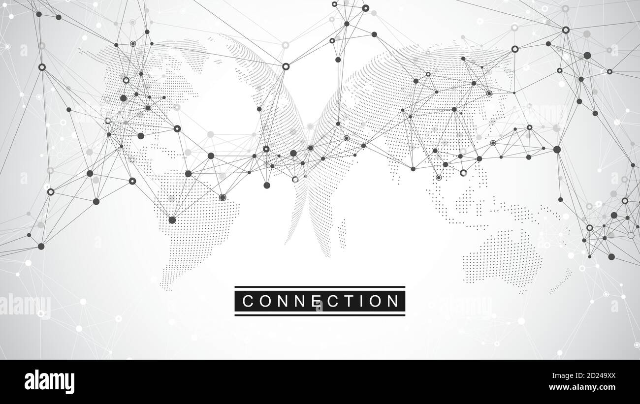 Connessione di rete globale. Comunicazione di social network nel business globale. Concetto di composizione di punti e linee della mappa mondiale. Illustrazione vettoriale. Illustrazione Vettoriale