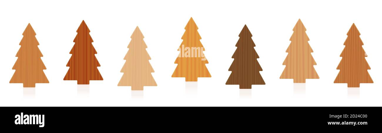 Set di alberi in legno deco - diverse texture da vari alberi - semplice, rustico modello di arredamento in legno di carpenteria - illustrazione su sfondo bianco. Foto Stock
