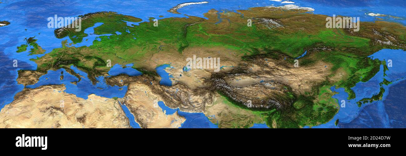 Mappa dell'Europa e dell'Asia. Vista in piano della Terra e delle sue forme di terra, in estate. Illustrazione 3D. Elementi di questa immagine forniti da N Foto Stock