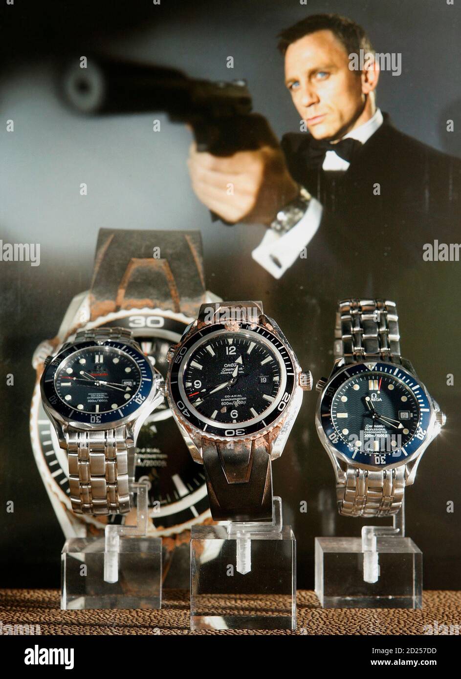 Three Omega watches : (L-R) the Omega, 'Seamaster' and 'Seamaster Planet  Ocean' watches worn by actor Daniel Craig during the filming of 'Casino  Royale' in 2005/2006, and the Omega 'Seamaster' watch worn