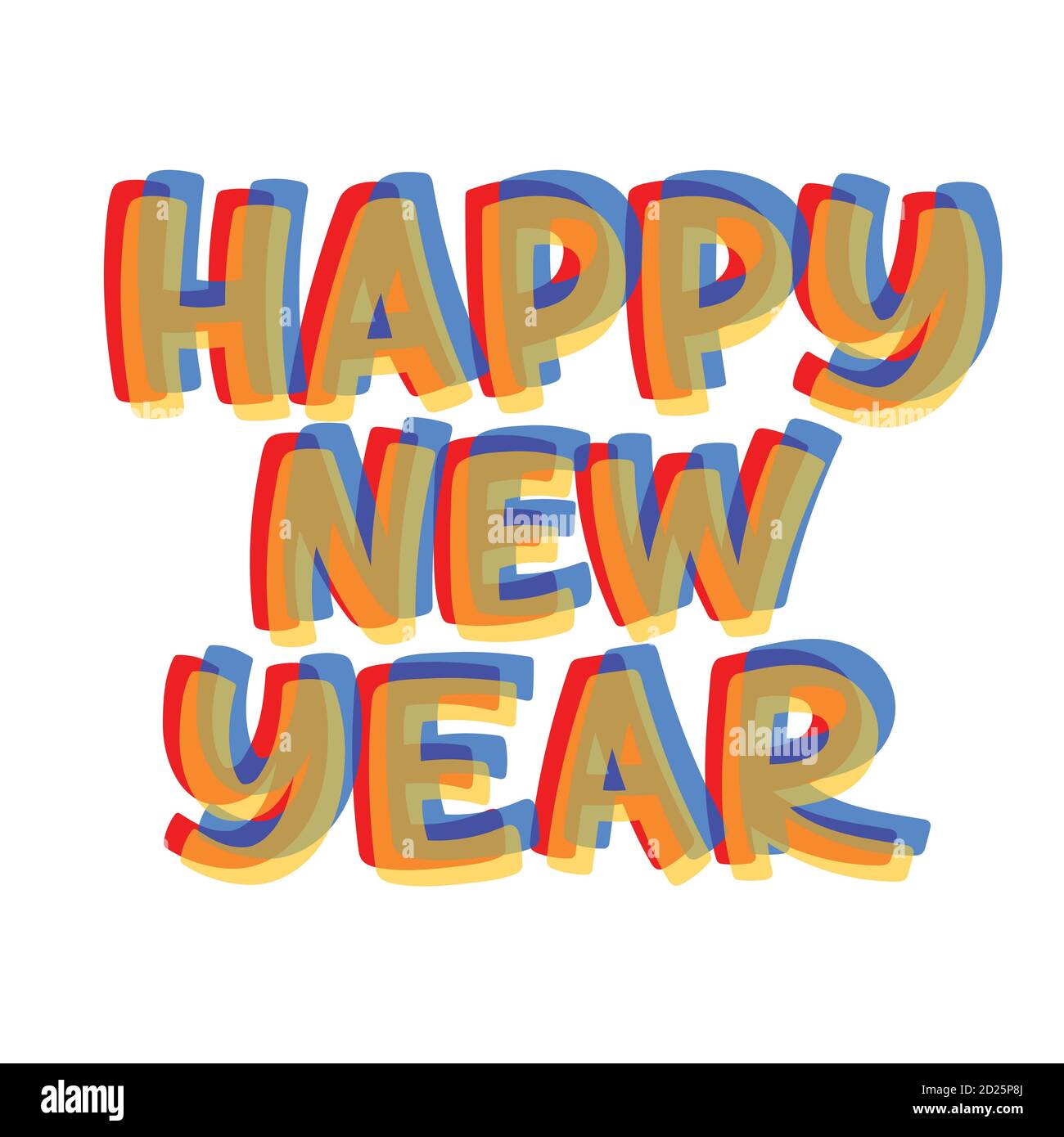 Felice scritta vettoriale di Capodanno. Biglietto d'auguri colorato e trasparente a strati disegnato a mano. Illustrazione vettoriale isolata in bianco Illustrazione Vettoriale