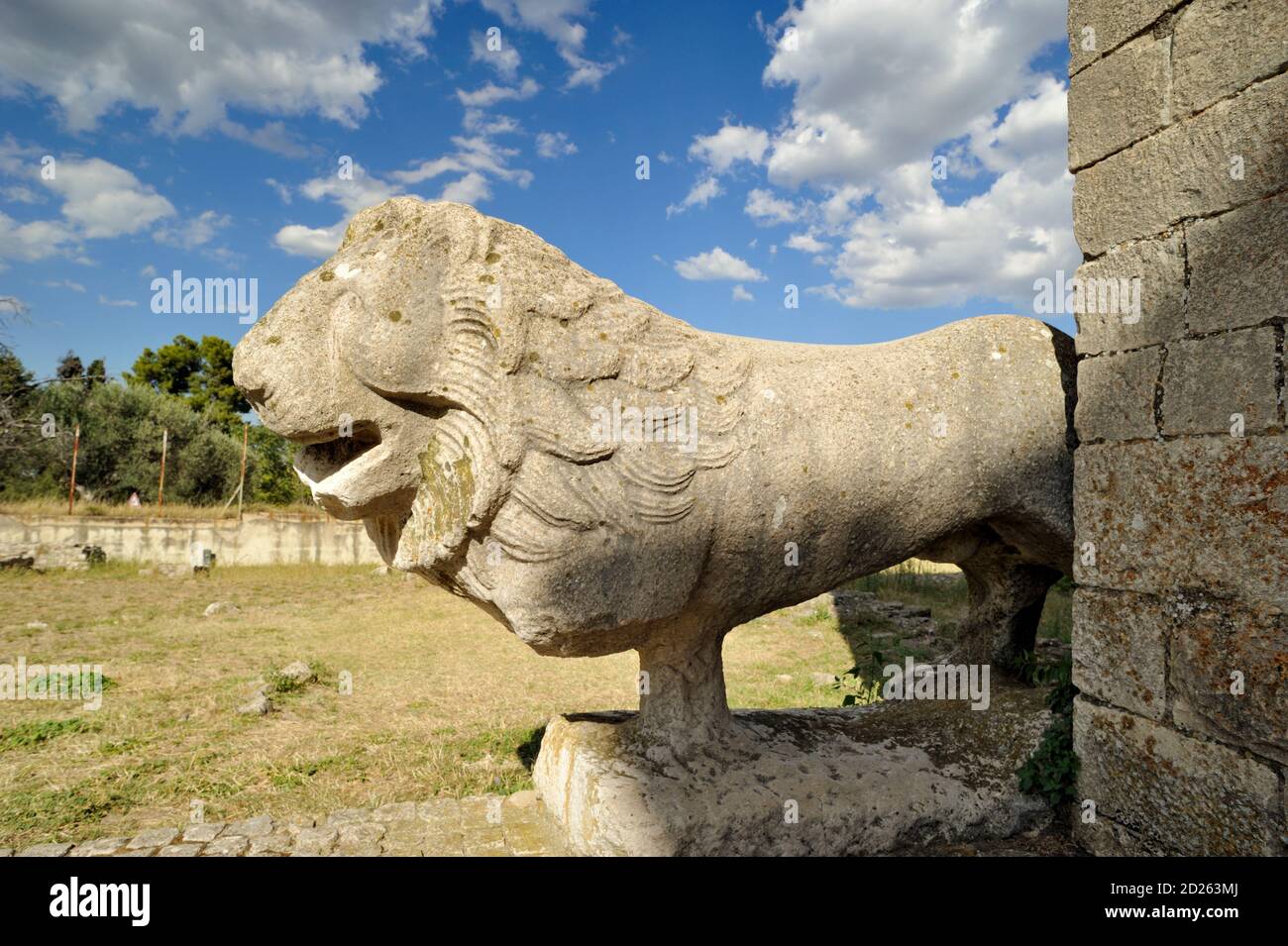 Italia, Basilicata, venosa, Abbazia della Trinità, leone di pietra all'ingresso Foto Stock