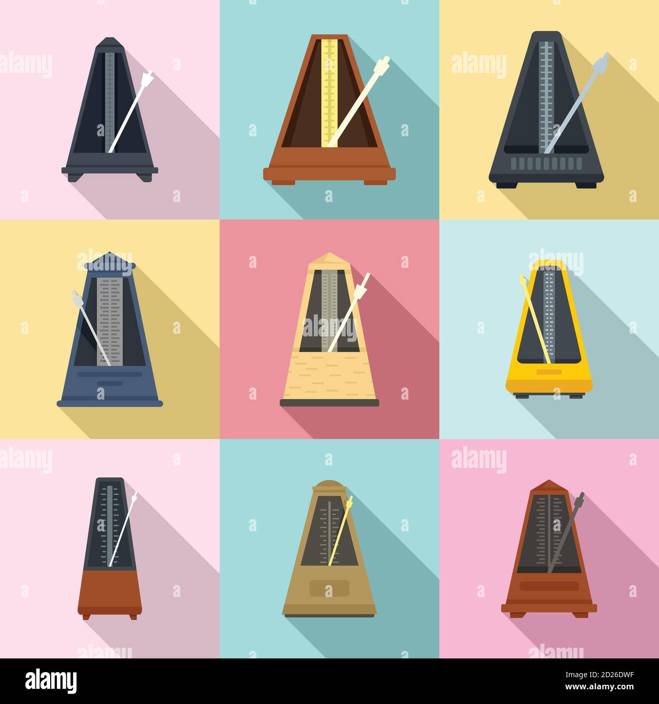Set di icone metronomo. Set piatto di icone vettoriali metronomo per web design Illustrazione Vettoriale