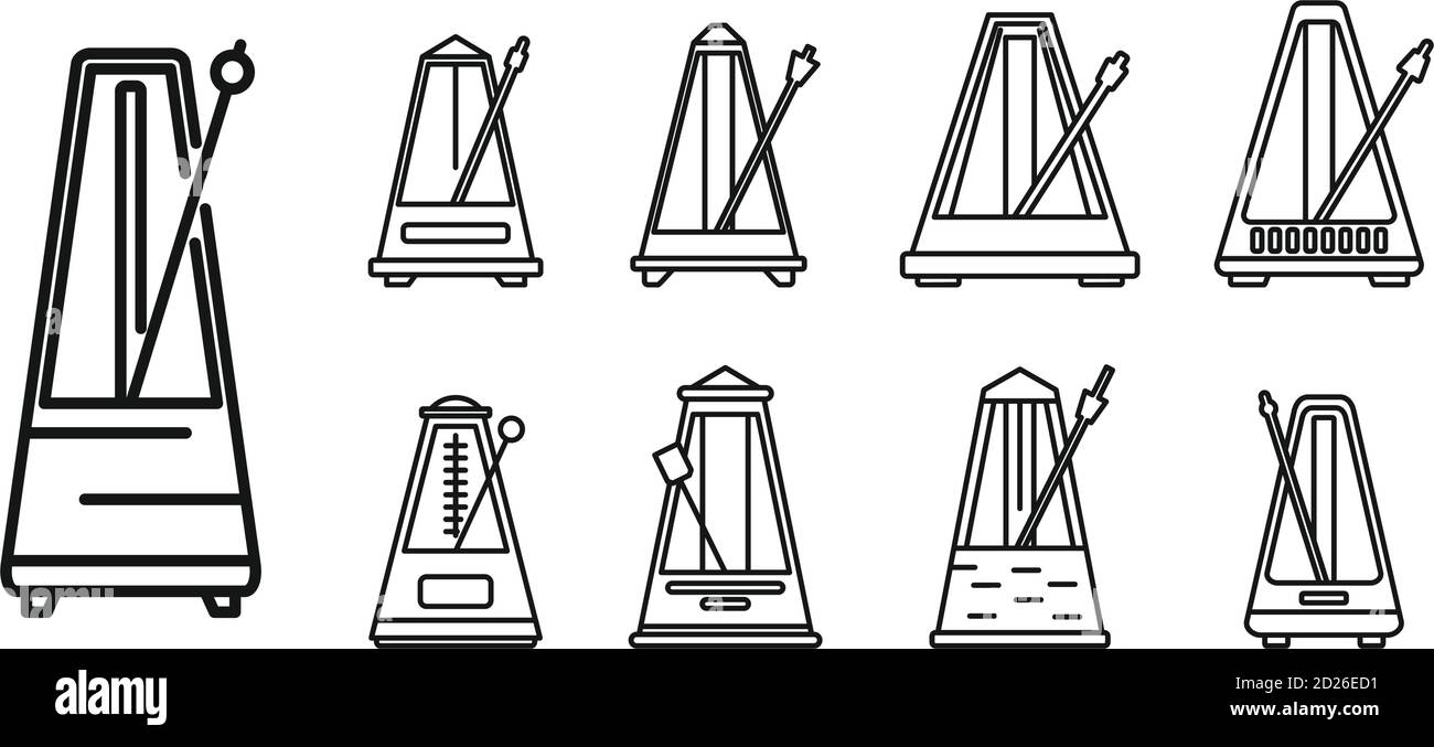 Set di icone di metronomo beat. Contorno insieme di icone vettoriali di battimento metronomo per il web design isolato su sfondo bianco Illustrazione Vettoriale