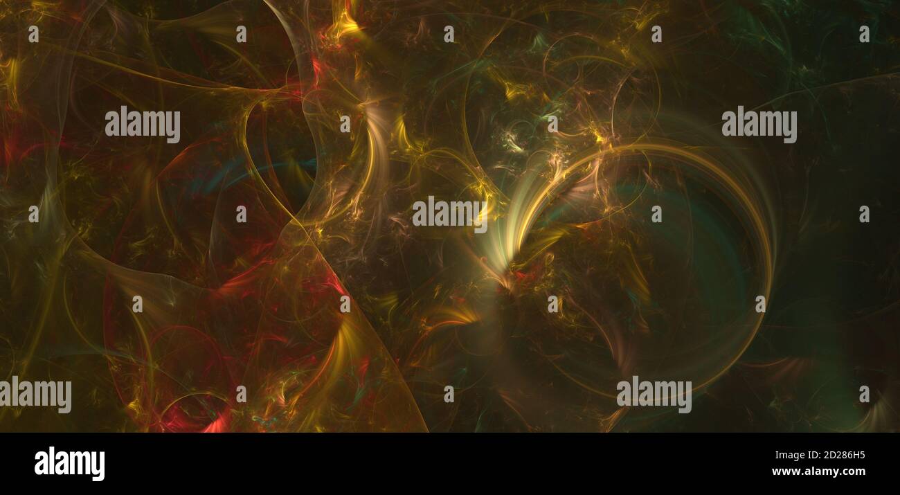 Sfondo frattale generato dal computer. Astratto ricci di colore giallo e rosso su spazio scuro. Foto Stock