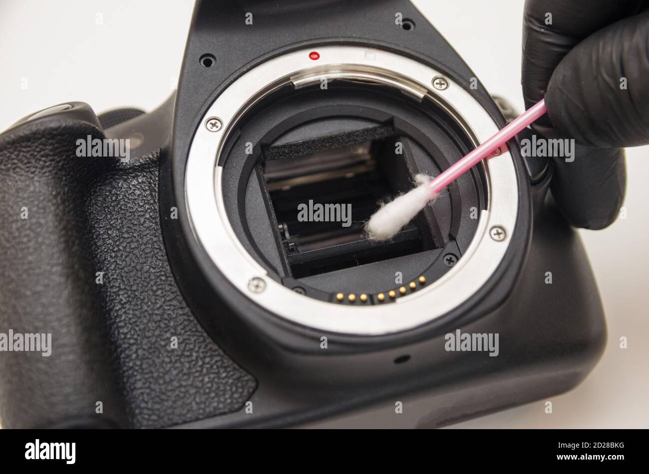 pulizia della fotocamera, riparazione su sfondo bianco Foto Stock