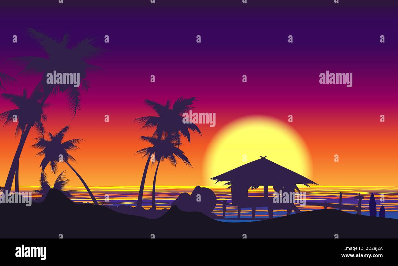 Tropical Sunset Landscape con palme sulla riva. Illustrazione vettoriale. Illustrazione Vettoriale